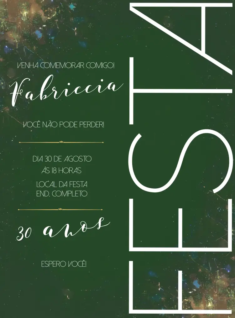 Convite 30 Anos Festa Adulto – tema Aniversário minimalista, contemporâneo, elegante, branco e verde, moderno, sofisticado