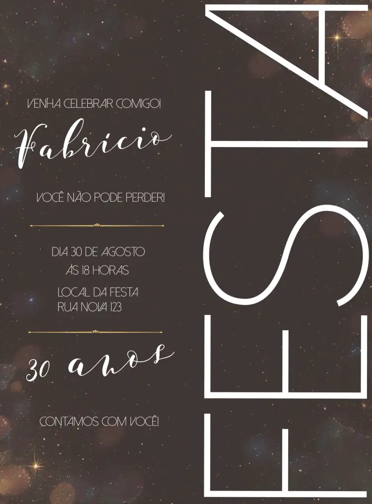 Convite 30 Anos Festa Preto – tema Aniversário minimalista, preto e branco, glitter, elegante, moderno, adulto