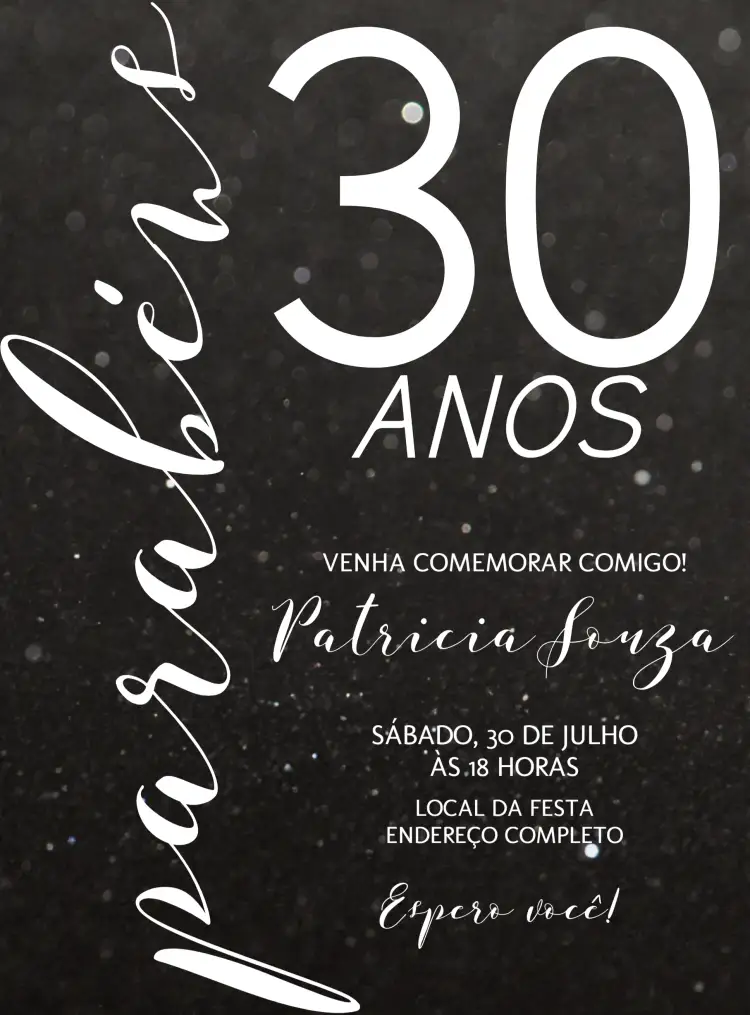 Convite 30 Anos Glitter Branco – tema 15 anos glitter, branco, elegante, moderno, festivo, minimalista