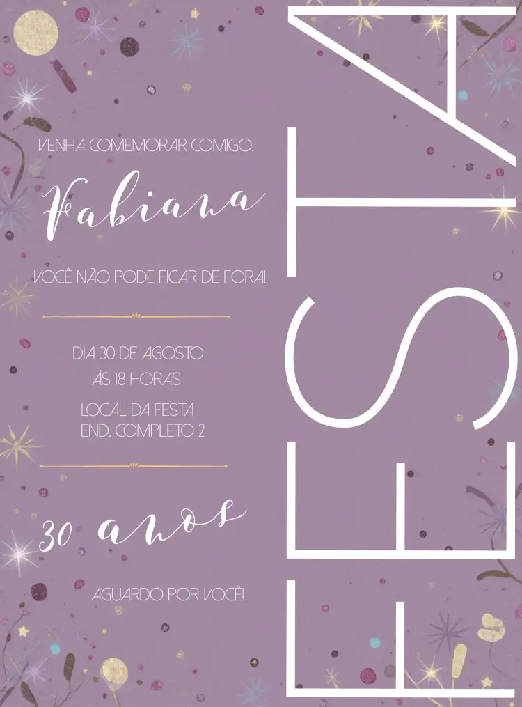 Convite 30 Anos Lilás Festa Minimalista – tema Aniversário minimalista, lilás, branco, elegante, moderno