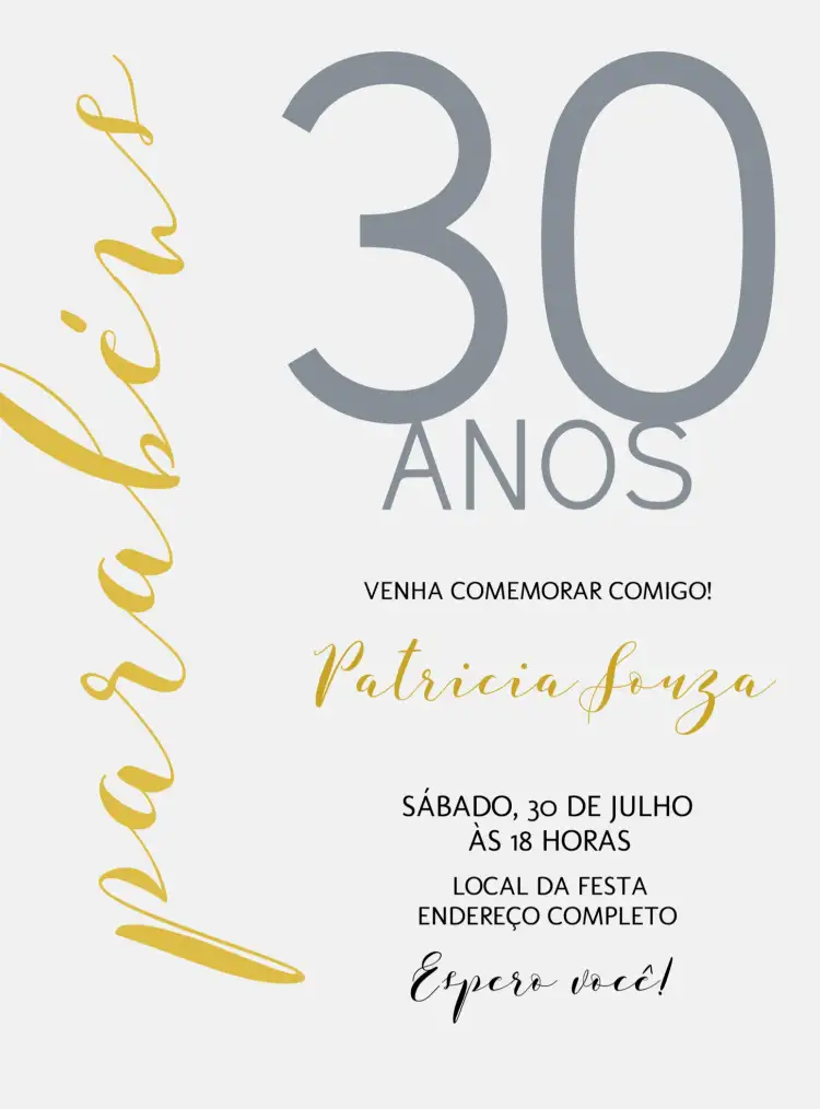 Convite 30 Anos Minimalista Trinta – tema 15 anos minimalista, preto e branco, moderno, elegante, festivo, clean
