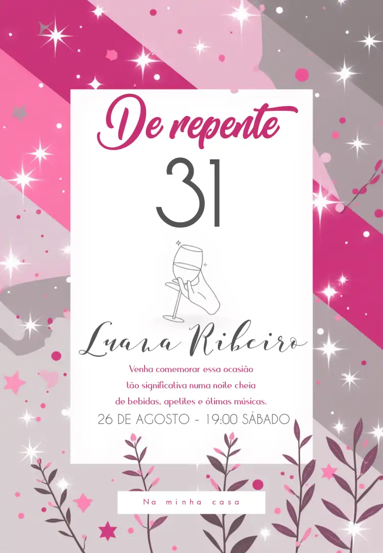 Convite 30 Anos Rosa – tema 15 anos rosa, glitter, discoteca, vintage, moderno
