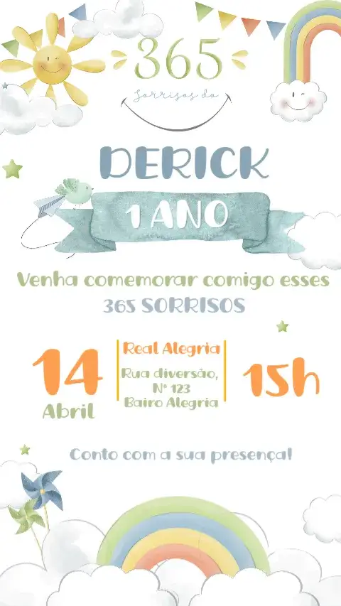 Convite 365 Sorrisos – tema Aniversário Infantil colorido, divertido, lúdico, moderno, infantil