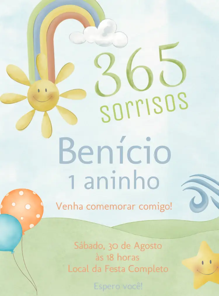 Convite 365 Sorrisos Aquarela – tema Datas Comemorativas aquarela, cores suaves, infantil, alegre, ilustrações divertidas, moderno
