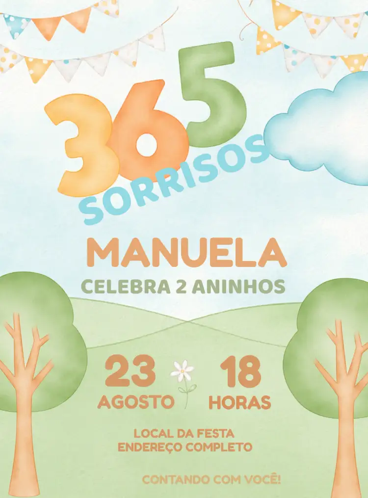 Convite 365 Sorrisos Menina – tema Datas Comemorativas aquarela, colorido, infantil, divertido, artístico, alegre