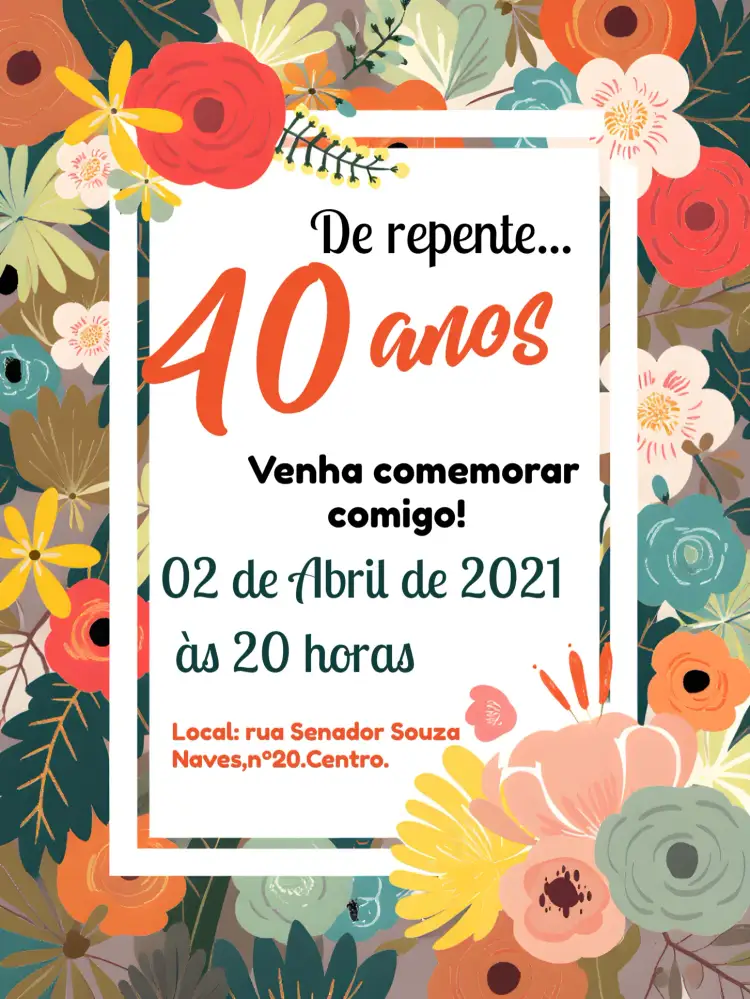 Convite 40 Anos Floral Brilho – tema 15 anos floral, minimalista, dourado, moderno, tropical