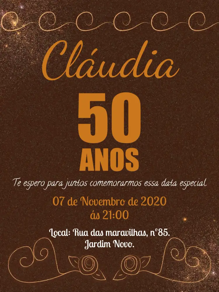 Convite 50 Anos Cobre – tema 15 anos dourado, cobre, brilho, glitter, elegante, vibrante