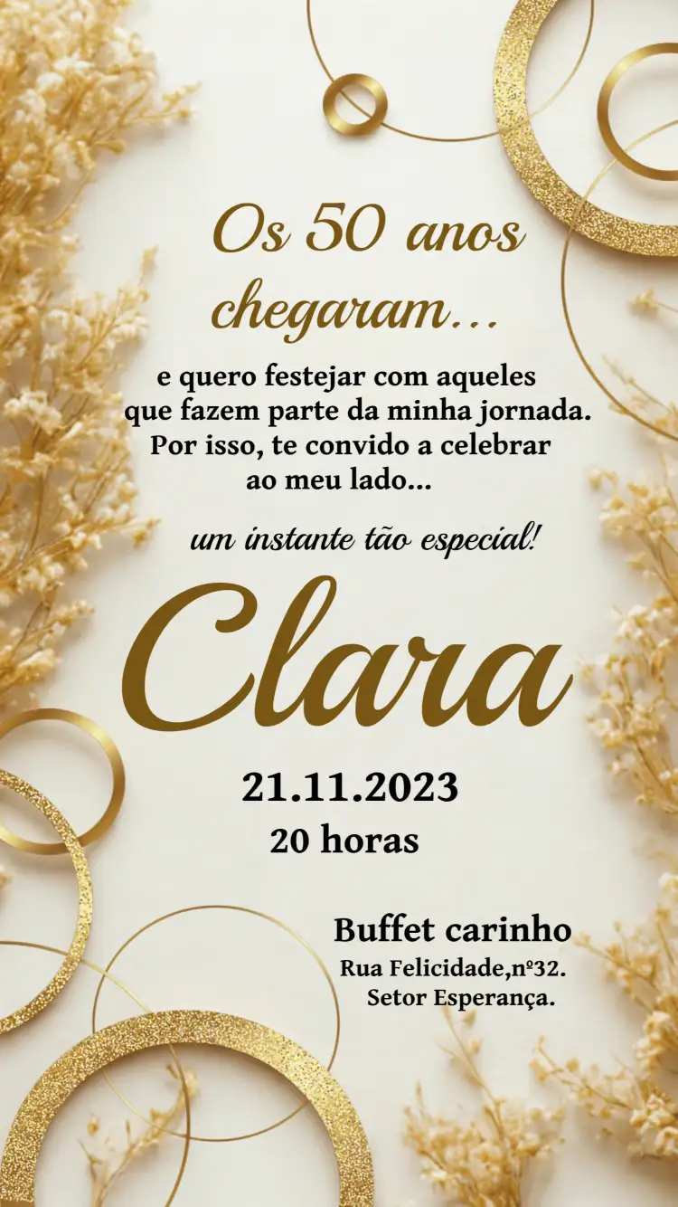 Convite 50 Anos Dourado 40 – tema Aniversário dourado, elegante, moderno, brilho, preto