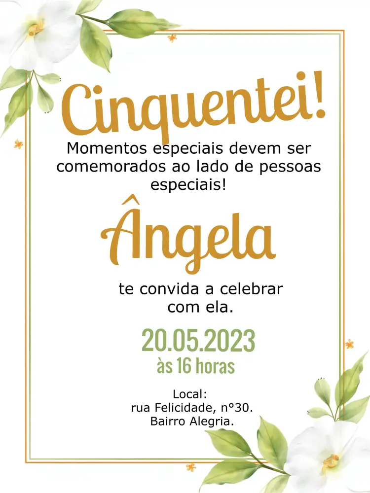 Convite 50 Anos Floral Dourado – tema Aniversário floral, dourado, elegante, minimalista, moderno