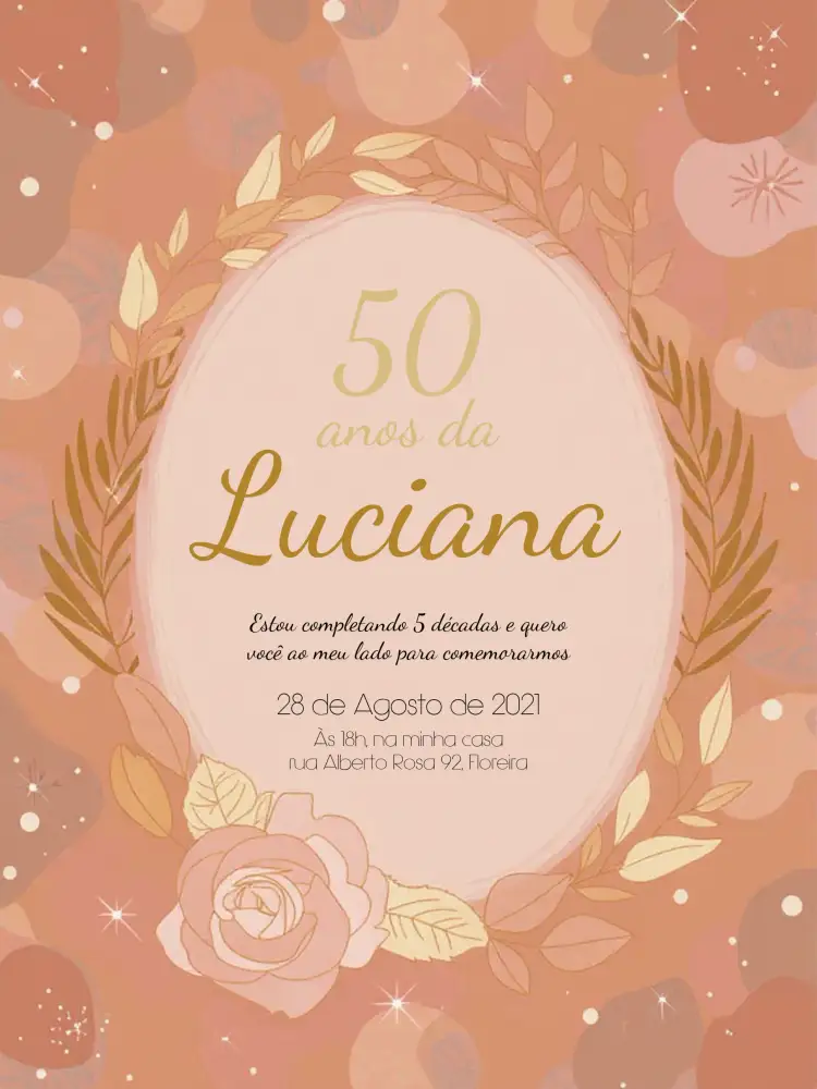 Convite 50 Anos Floral Folhagem – tema 15 anos floral, dourado, rosa, moderno, elegante, natural