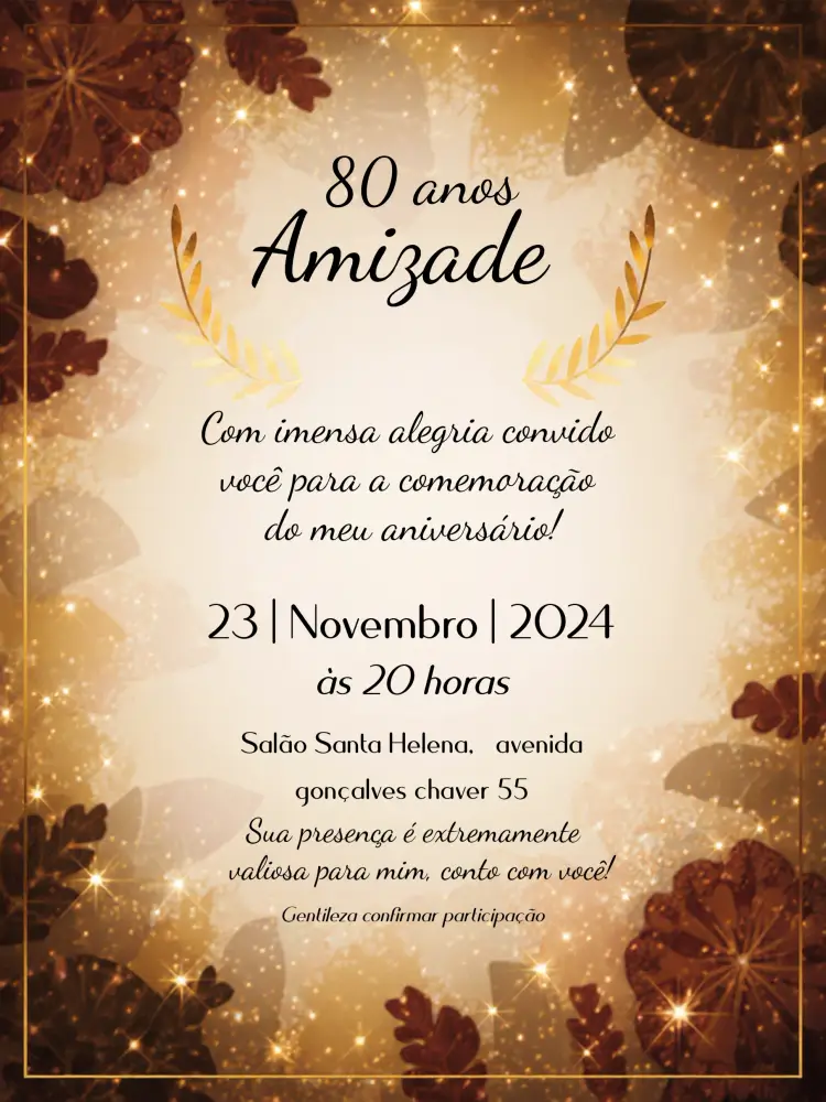 Convite 80 Anos Dourado editável e personalizável