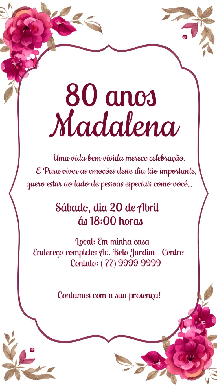 Convite 80 Anos Floral Branco – tema 15 anos floral, elegante, moderno, dourado, marsala, branco