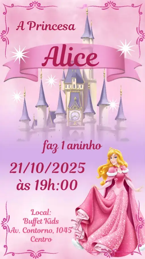 Convite A Bela Adormecida – tema Aniversário Infantil cores pastel, estilo fairy tale, elementos de conto de fadas, design delicado, ilustrações de princesas, detalhes florais