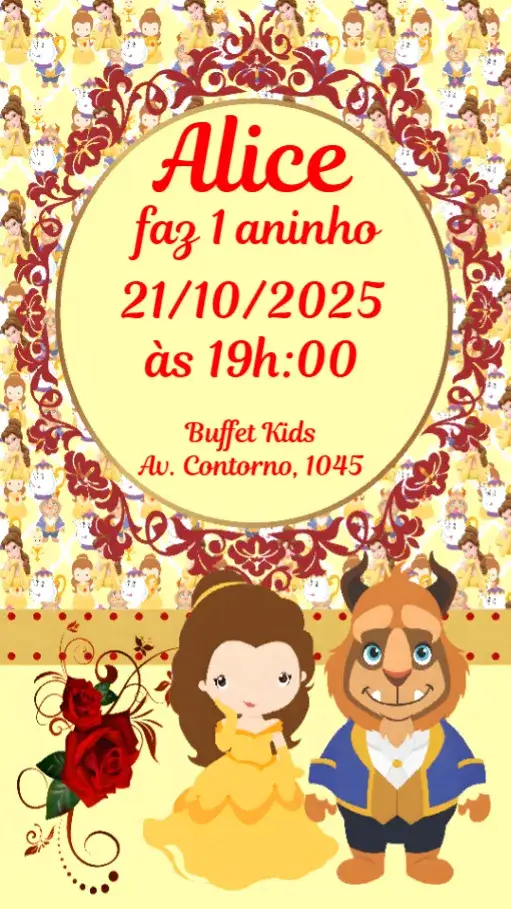 Convite A Bela e a Fera – tema Aniversário Infantil mágico, colorido, infantil, clássico, encantado, lúdico