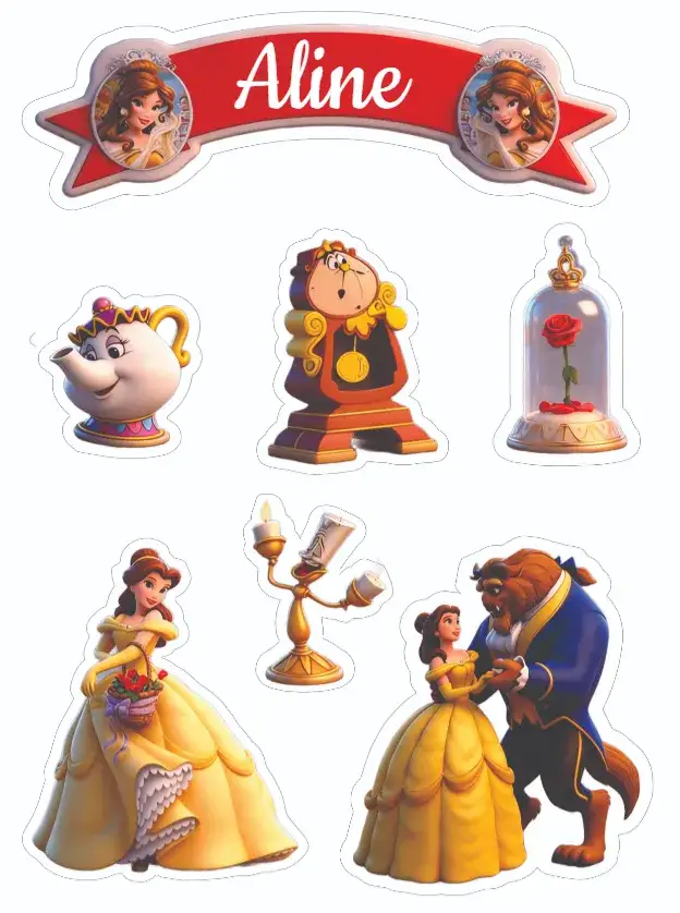 Convite A Bela e a Fera 3D – tema Topo de bolo cores vibrantes, estilo lúdico, elementos de conto de fadas, design 3D, ilustrações coloridas