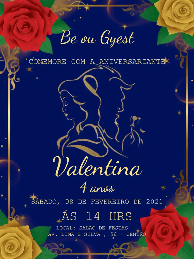 Convite A Bela E Fera – tema Batizado azul, fantasia, ilustração clássica, lúdico, colorido