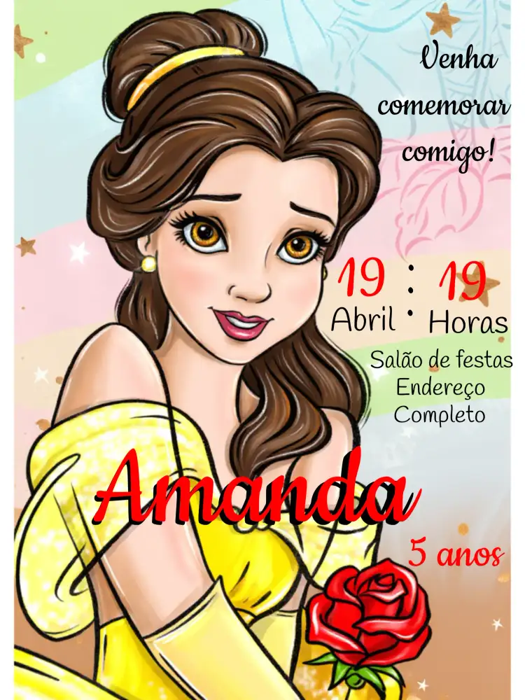 Convite A Bela E Fera Amarelo – tema Batizado amarelo, infantil, lúdico, moderno, colorido