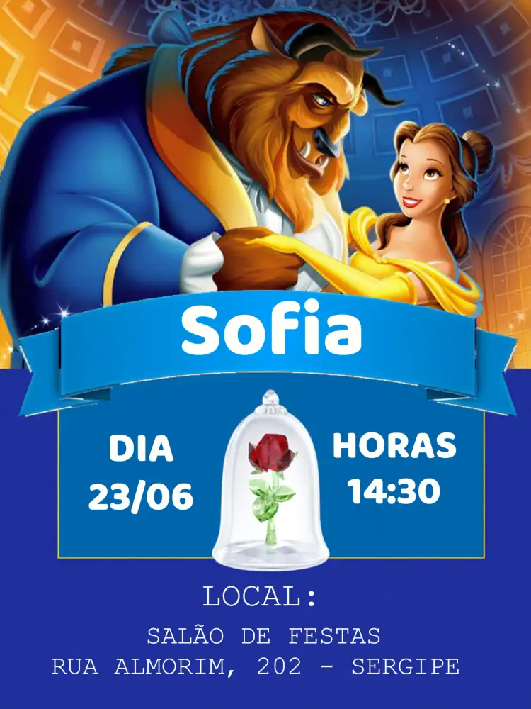 Convite A Bela E Fera Azul – tema Batizado azul suave, elementos de conto de fadas, detalhes em dourado, design infantil, ilustrações encantadoras
