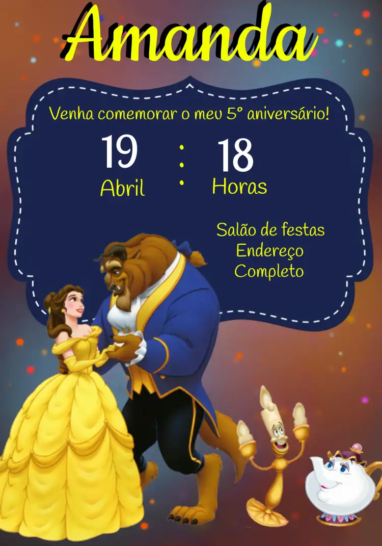 Convite A Bela E Fera Azul – tema Batizado azul, amarelo, infantil, lúdico, contos de fadas