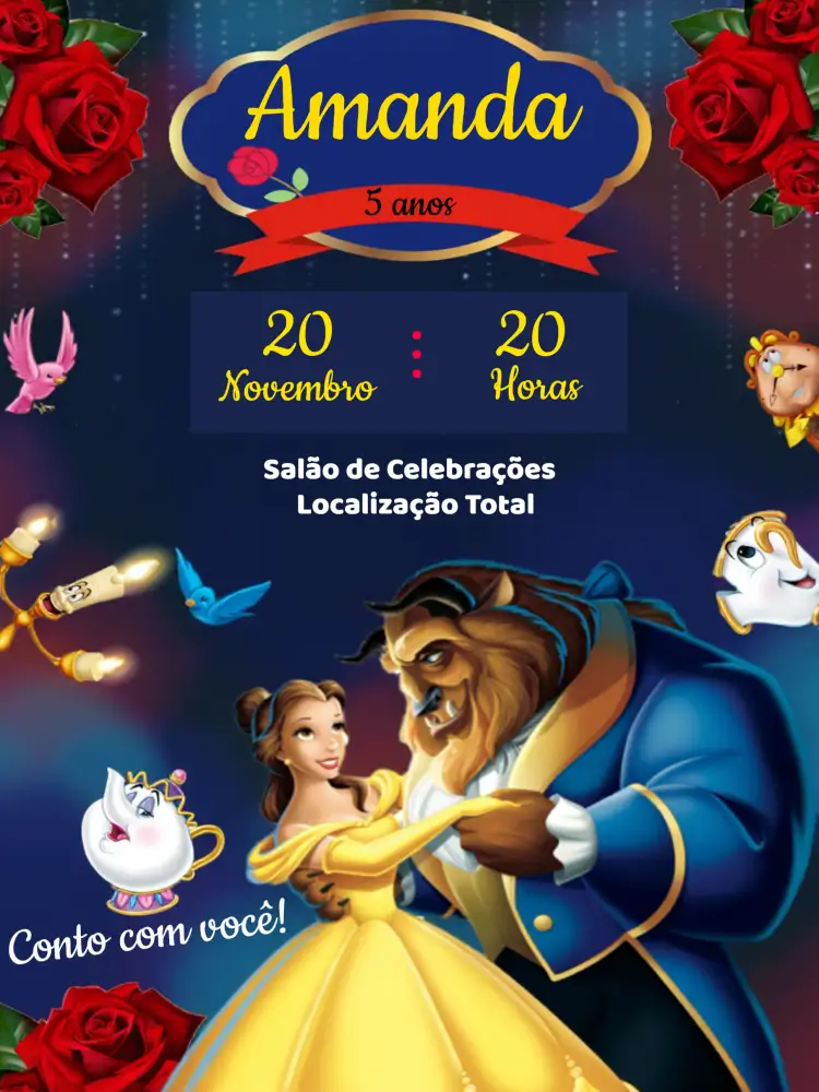 Convite A Bela E Fera Azul – tema Batizado azul, contos de fadas, colorido, divertido, infantil, ilustrações