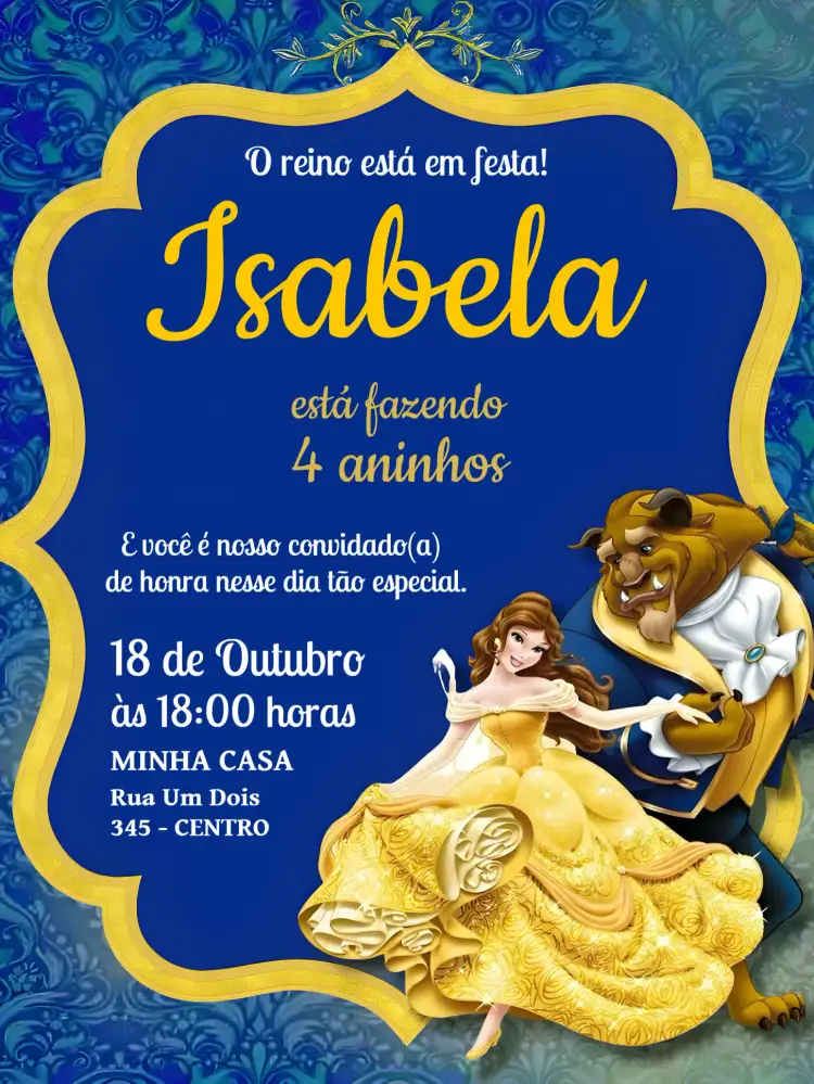 Convite A Bela E Fera Disney – tema Mais pesquisados cores vibrantes, estilo de conto de fadas, elementos gráficos da Disney, tema romântico, design lúdico, ilustrações encantadoras