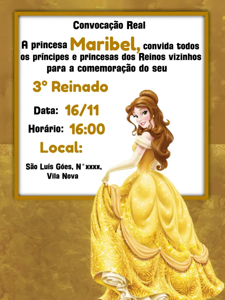 Convite A Bela E Fera Escuro – tema Batizado azul escuro, dourado, branco, fantasia, elegante, mágico