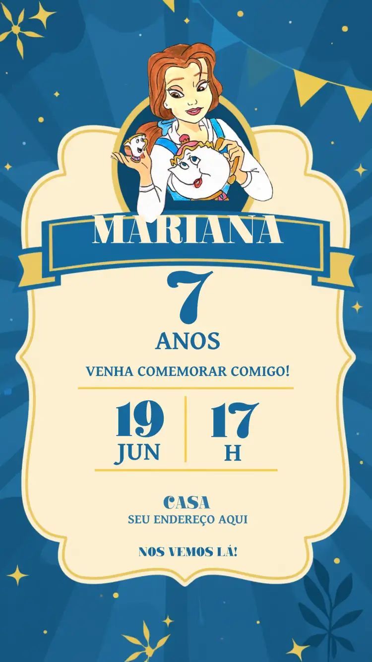 Convite A Bela E Fera Infantil – tema Batizado azul, Disney, infantil, mágico, lúdico