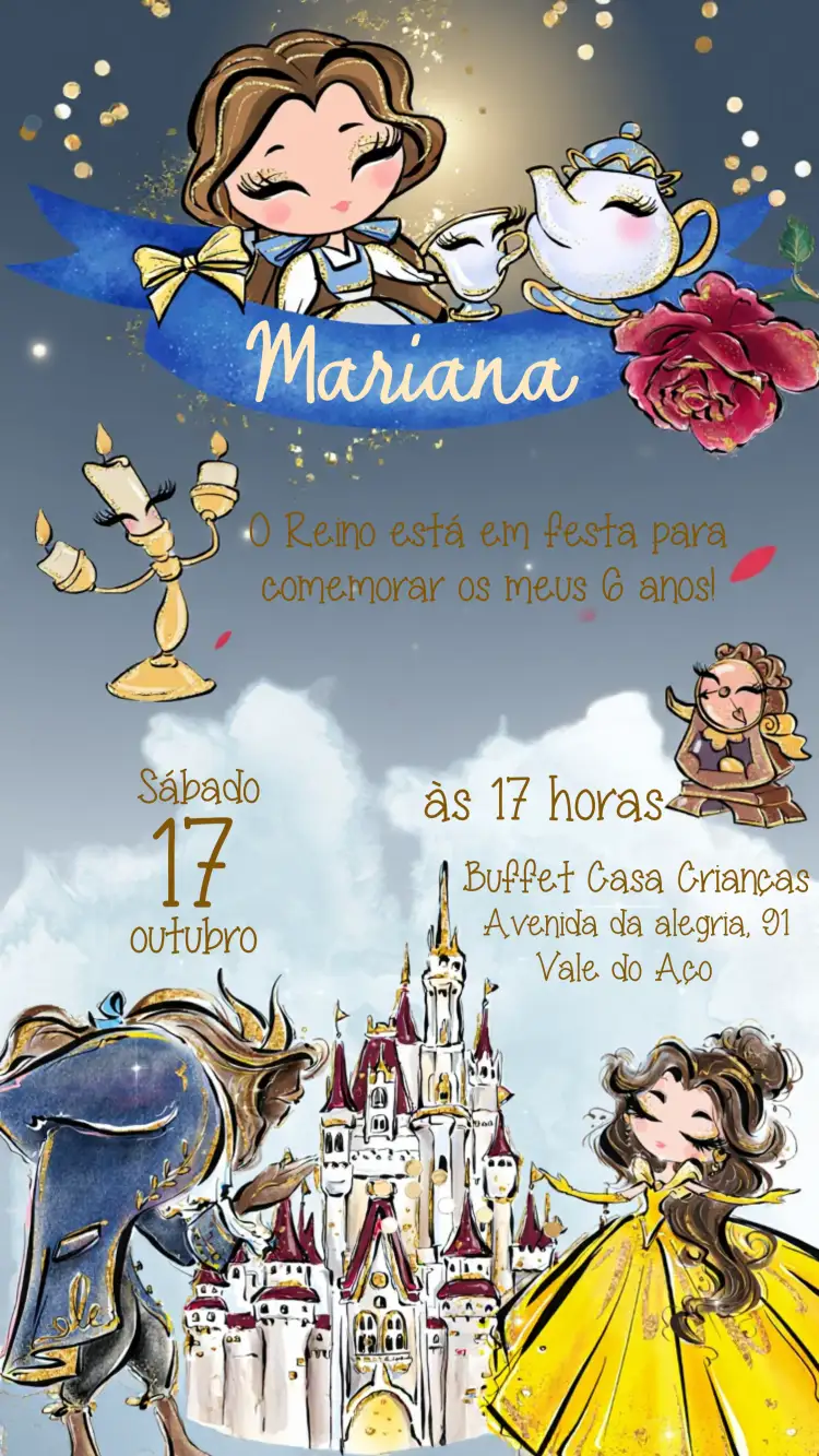 Convite A Bela E Fera Infantil – tema Mais pesquisados aquarela, glitter, brilho, cores suaves, estilo lúdico, elementos de conto de fadas