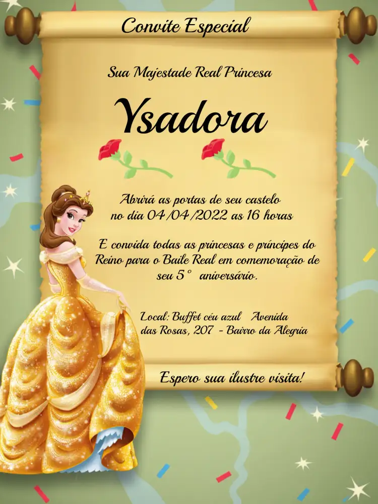 Convite A Bela E Fera Menina – tema Batizado colorido, infantil, temático, Disney, encantado, lúdico