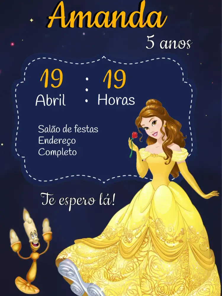 Convite A Bela E Fera Preto – tema Batizado preto, amarelo, ilustração lúdica, estilo moderno, design encantador, elementos gráficos
