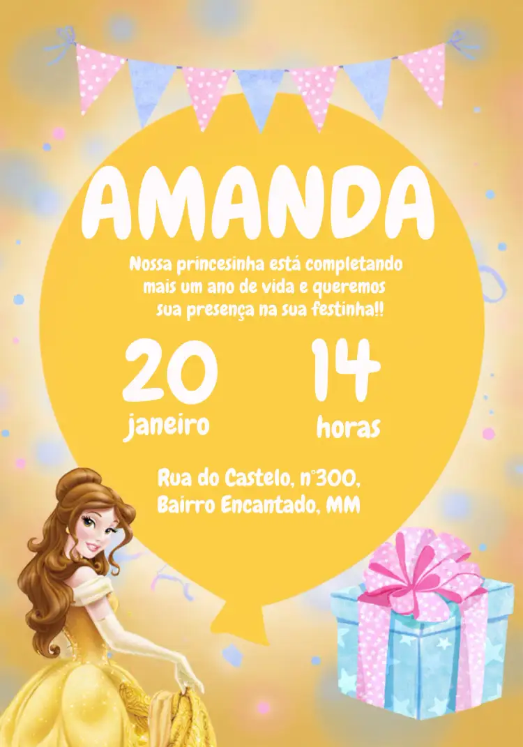 Convite A Bela E Fera Princesa – tema Batizado amarelo, Disney, princesa, lúdico, colorido, ilustrações encantadoras