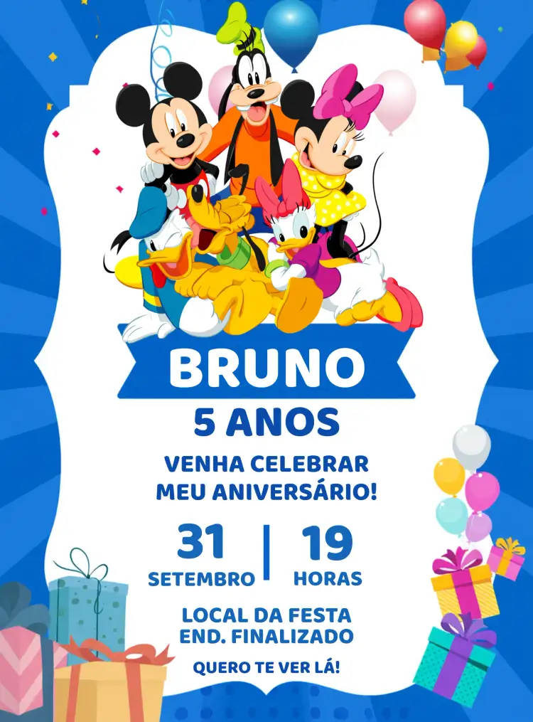 Convite A Casa Do Mickey Mouse Donald – tema Aniversário Infantil azul, temático, divertido, colorido, infantil, mickey mouse