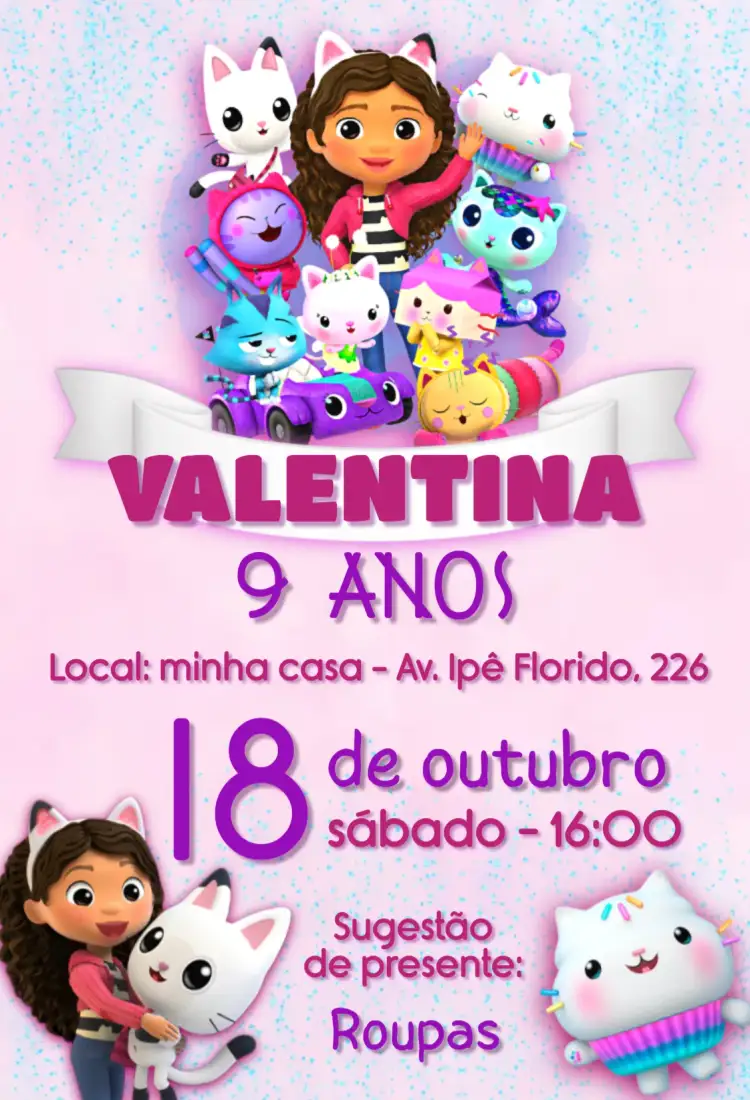 Convite A casa mágica da Gabby – tema Aniversário Infantil cores rosa e lilás, estilo lúdico, elementos gráficos de gatos, inspirado em desenhos animados, design divertido, festa mágica