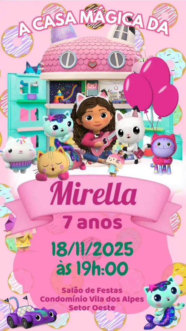 Convite A Casa Mágica da Gabby – tema Aniversário Infantil colorido, lúdico, fantasia, divertido, mágico, infantil