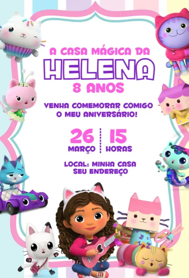 Convite A Casa Mágica da Gabby 2 – tema Aniversário mágico, colorido, lúdico, divertido, infantil, temática