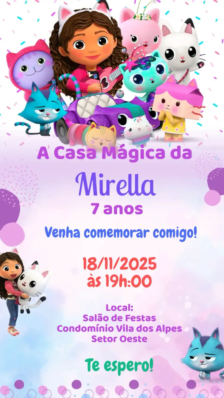 Convite A Casa Mágica da Gabby – tema Aniversário cores vibrantes, ilustrações lúdicas, estilo infantil, mágico, fantasia, divertido