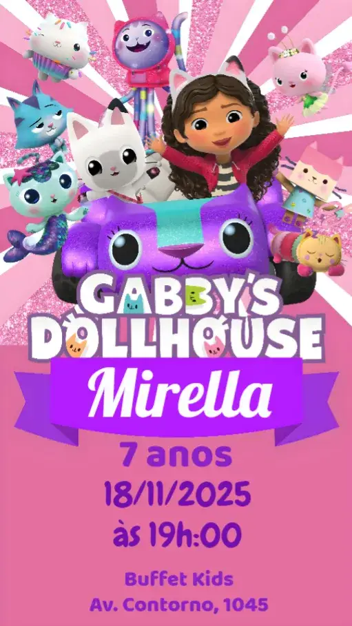 Convite A Casa Mágica da Gabby – tema 15 anos mágico, colorido, fantasia, elegante, divertido