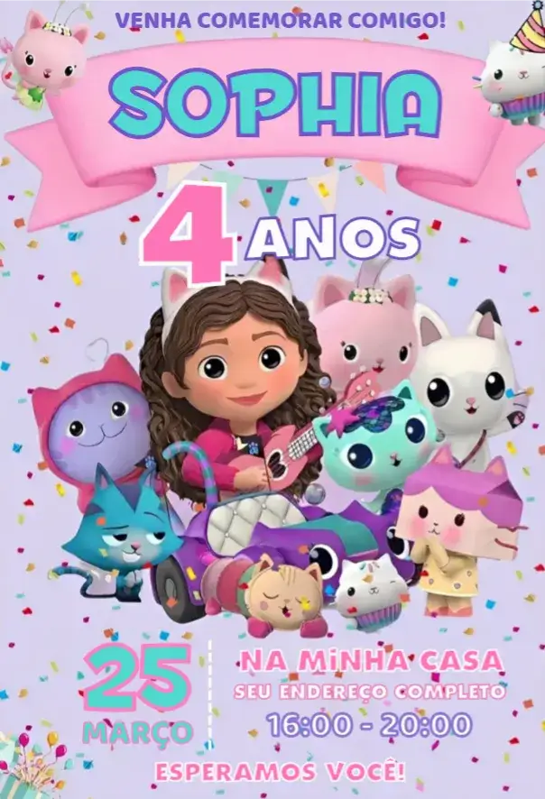 Convite A Casa Mágica da Gabby 5 – tema Aniversário colorido, fantasia, infantil, lúdico, divertido, mágico