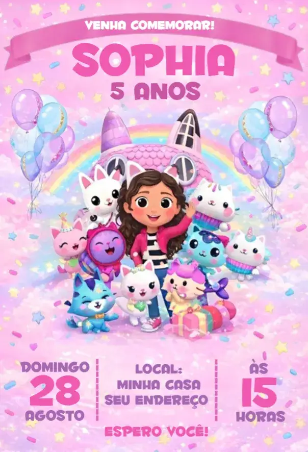 Convite A Casa Mágica da Gabby 7 – tema Aniversário colorido, lúdico, fantasia, mágico, infantil