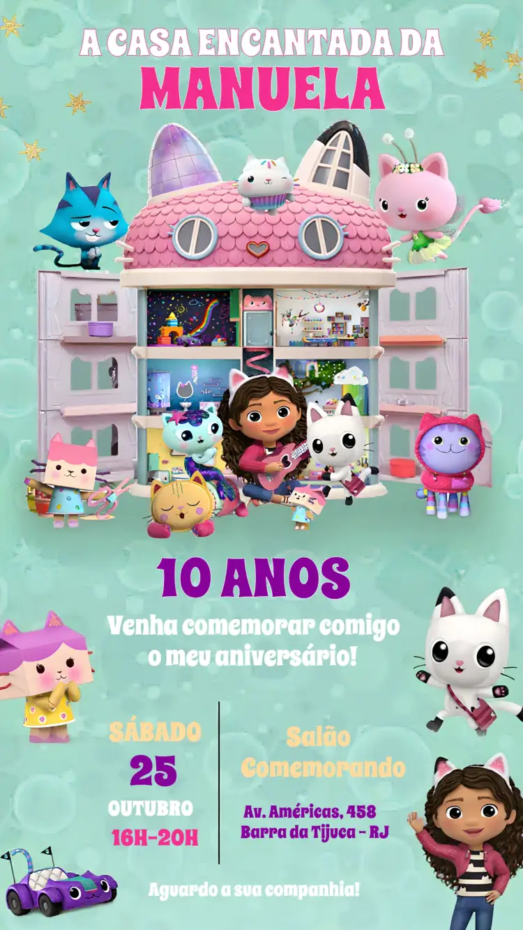 Convite A Casa Mágica Da Gabby Bichinhos – tema Mais pesquisados mágico, colorido, divertido, infantil, lúdico