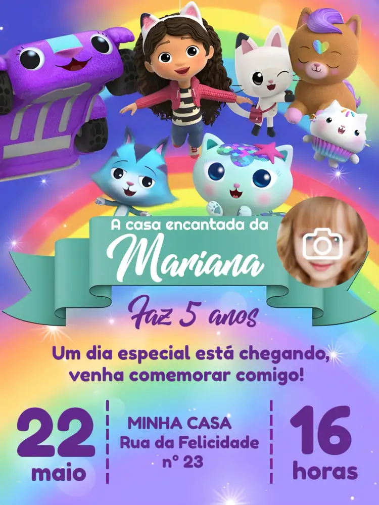 Convite A Casa Mágica Da Gabby Com Foto Box – tema Mais pesquisados rosa, roxo, mágico, infantil, fantasia