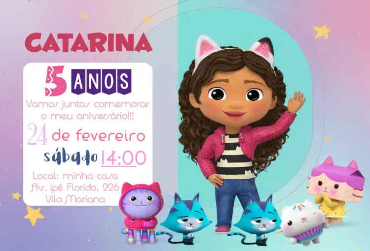 Convite A Casa Mágica Da Gabby Desenho – tema Aniversário Infantil colorido, lúdico, divertido, infantil, mágico