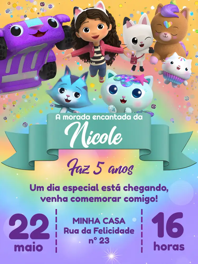 Convite A Casa Mágica Da Gabby Fairy – tema Mais pesquisados colorido, fantasia, mágico, infantil, arco-íris, lúdico