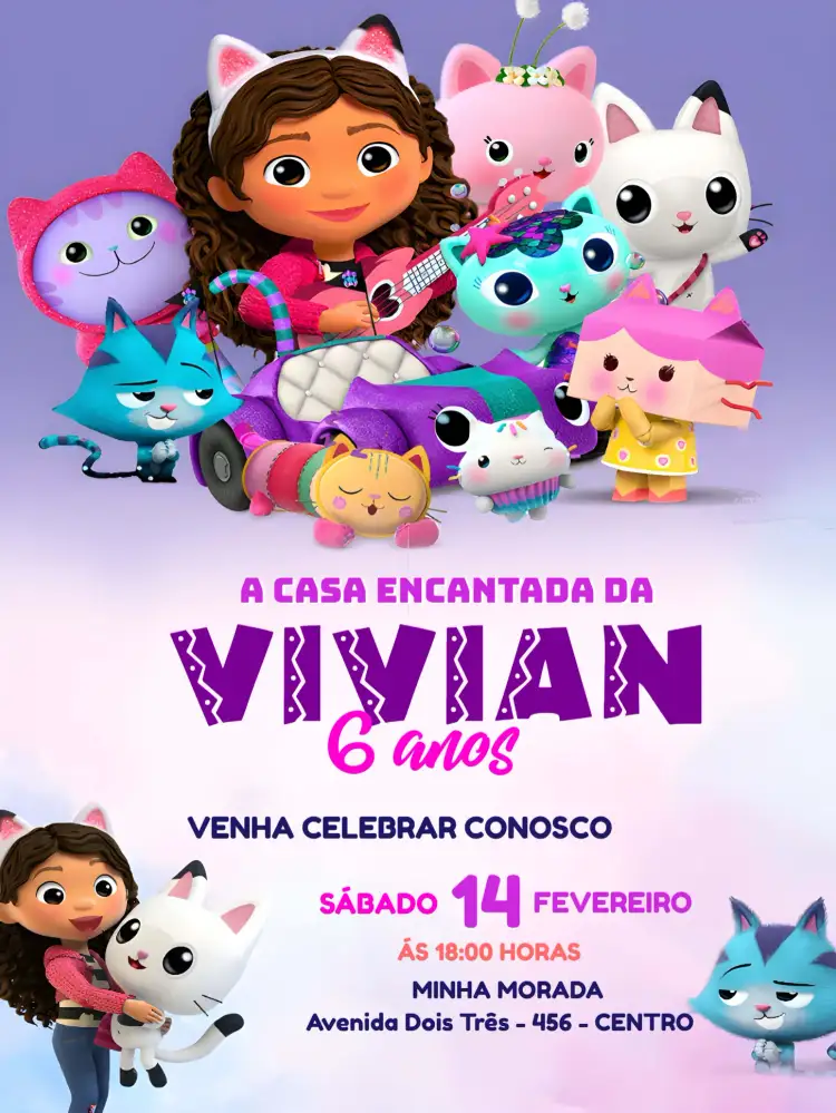 Convite A Casa Mágica Da Gabby Festa – tema Mais pesquisados mágico, infantil, fantasia, lilás, roxo, divertido