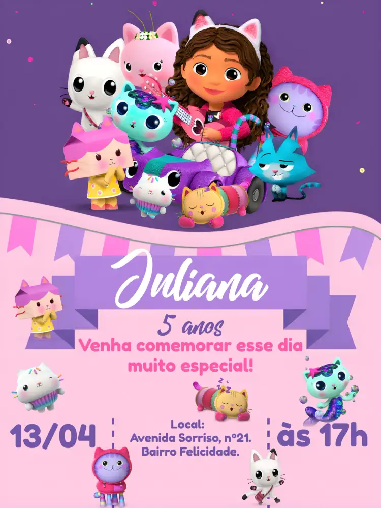 Convite A Casa Mágica Da Gabby Gaby – tema Mais pesquisados mágico, colorido, infantil, fofo, divertido, brilhante