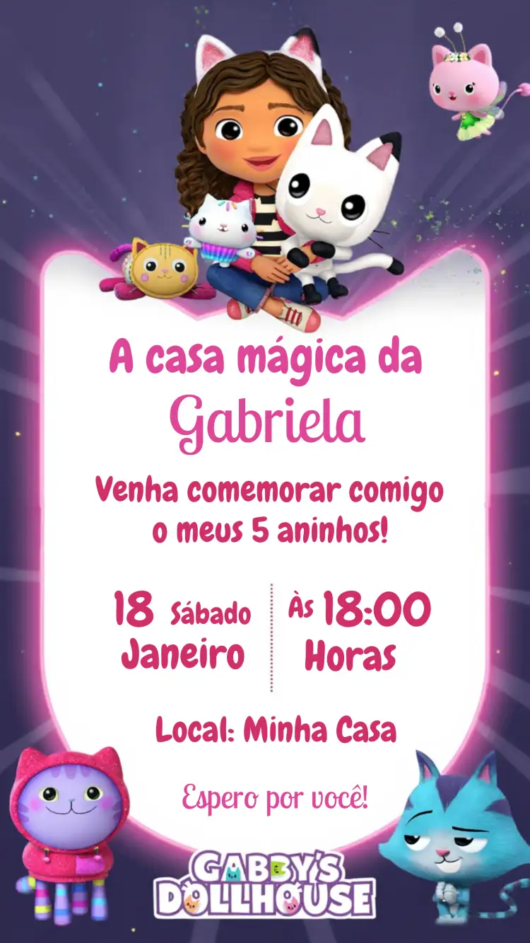 Convite A Casa Mágica Da Gabby Infantil – tema Mais pesquisados rosa, mágico, infantil, divertido, colorido, fantasia