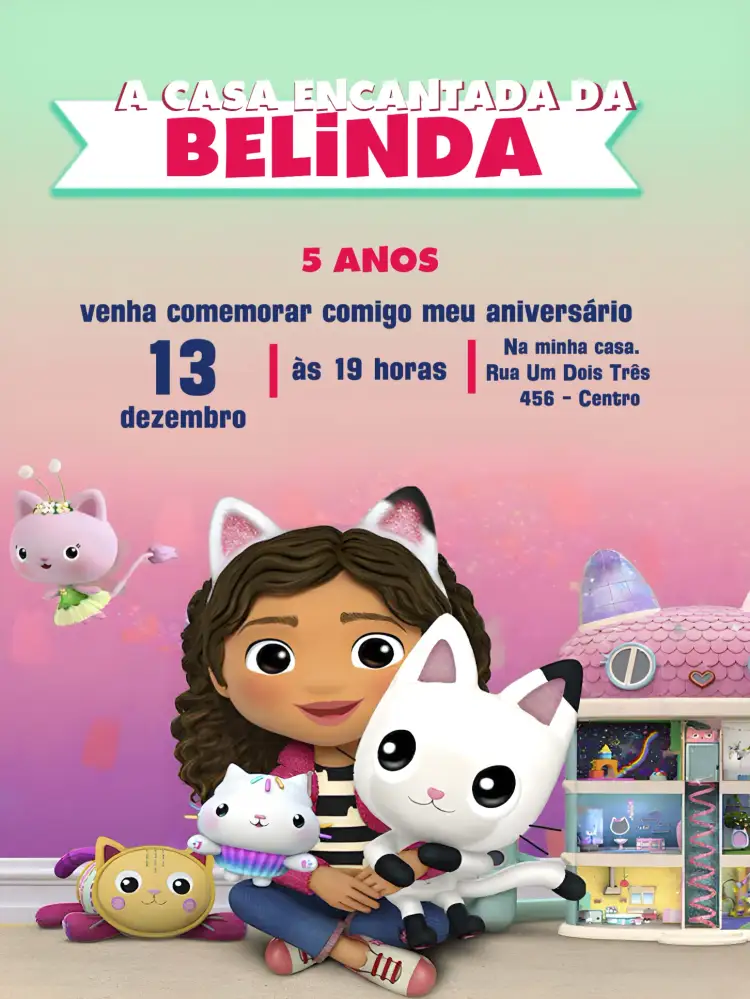 Convite A Casa Mágica Da Gabby Kitty – tema Mais pesquisados cores vibrantes, fantasia, elementos felinos, estilo lúdico, design colorido