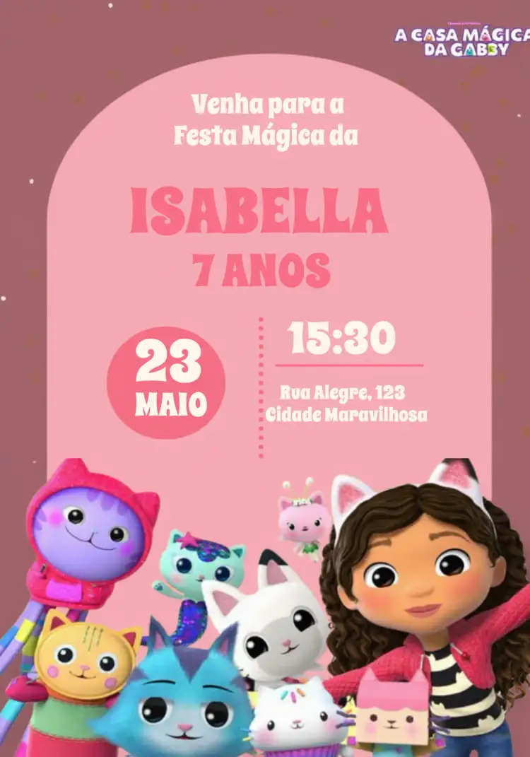 Convite A Casa Mágica Da Gabby Rosa – tema Mais pesquisados colorido, mágico, infantil, fantasia, divertido