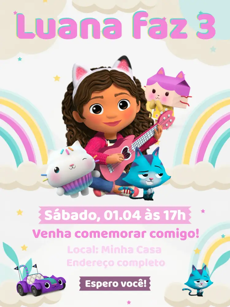 Convite A Casa Mágica Da Gabby Rosa – tema Mais pesquisados mágico, colorido, infantil, divertido, temático