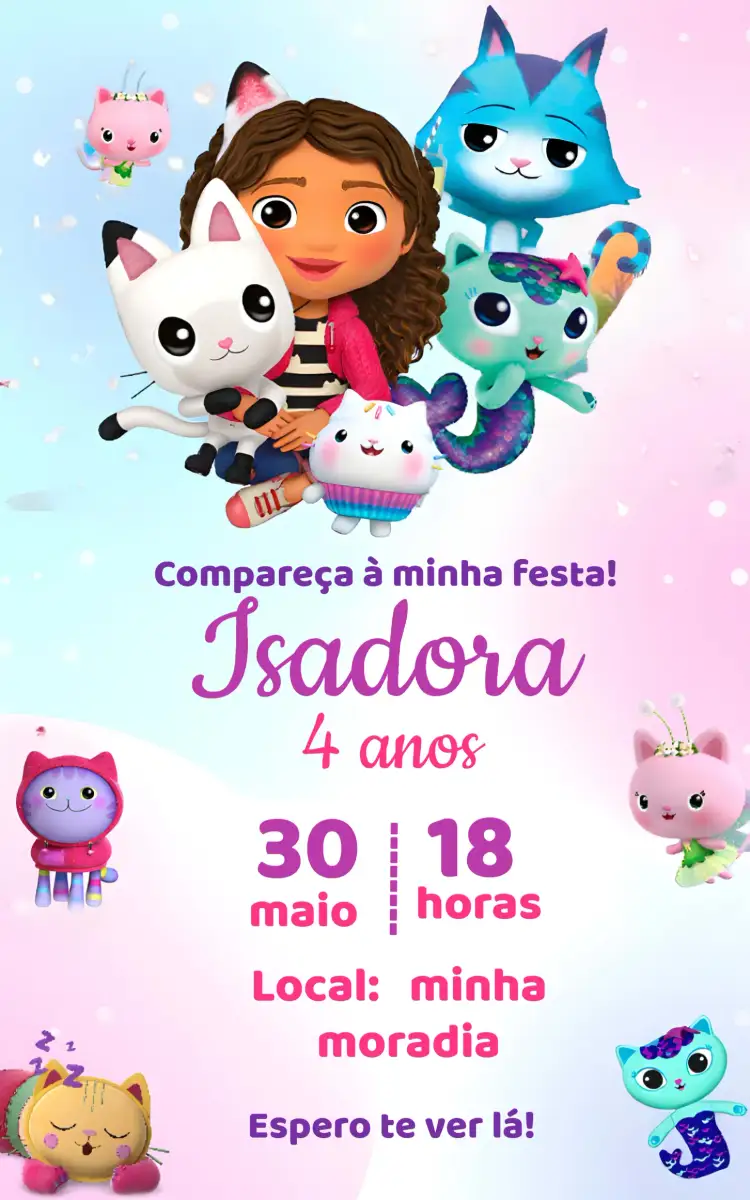 Convite A Casa Mágica Da Gabby Rosa – tema Mais pesquisados mágico, infantil, colorido, fantasia, lúdico, divertido